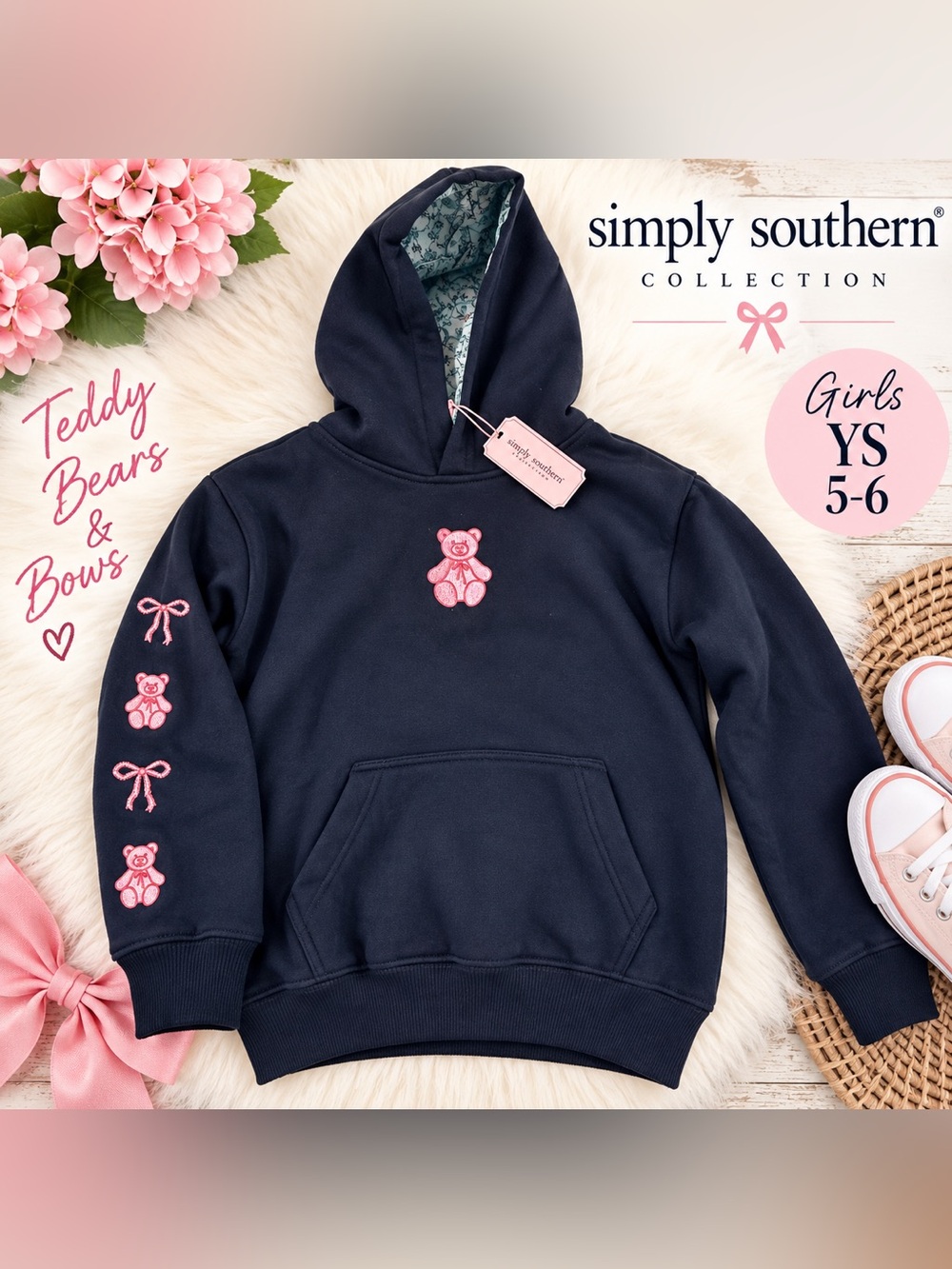 Simply Southern Girls YS 5-6 Navy Teddy Bear Bow Embroidered Hoodie NWT